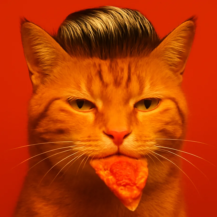 Greasy Cat, an orange tabby with a glossy pompadour and a pizza slice hanging from his mouth